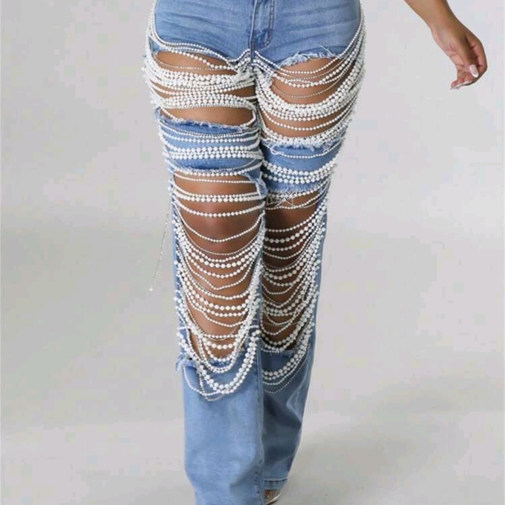 Women's Blue Embellished Jeans - Picture 3 of 8